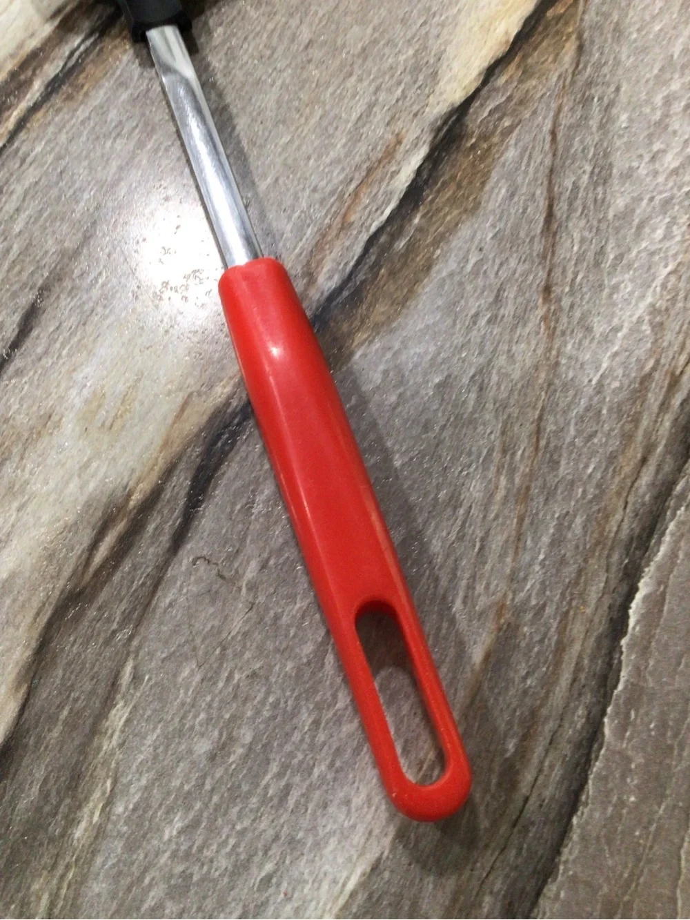Vintage Korea Slotted Serving Spoon Nylon Head Red Handle Stainless Shaft 11”